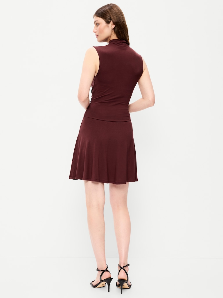 Gathered Mock-Neck Drop-Waist Mini Dress