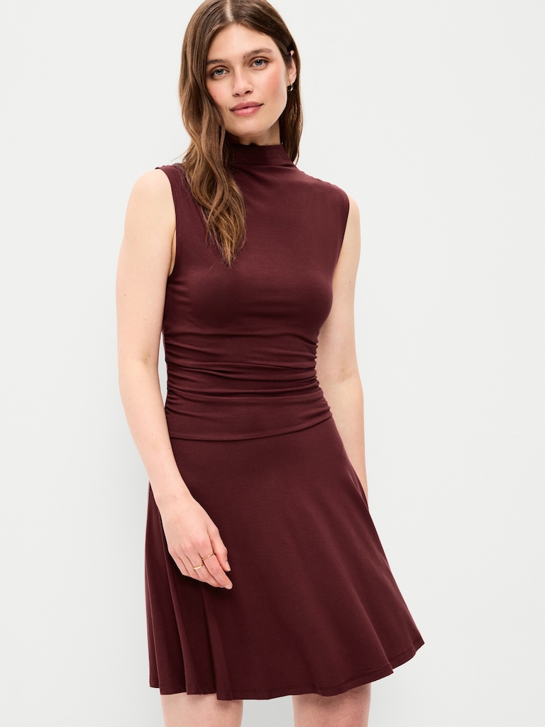 Gathered Mock-Neck Drop-Waist Mini Dress