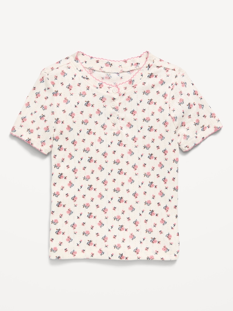 Printed Short-Sleeve Pointelle-Knit Top for Toddler Girls