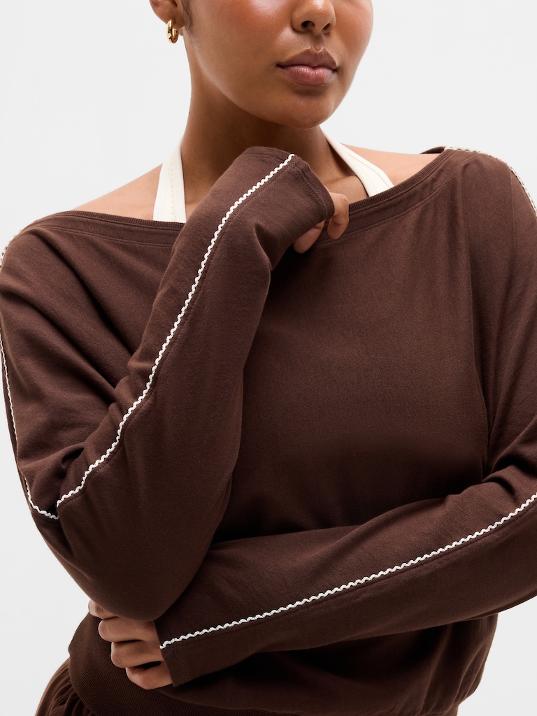 Airy Cotton Terry Boatneck Picot Sweatshirt