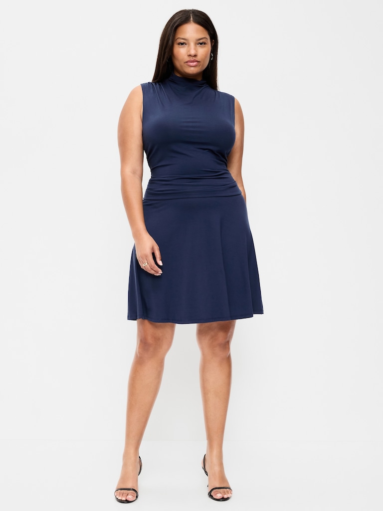 Gathered Mock-Neck Drop-Waist Mini Dress