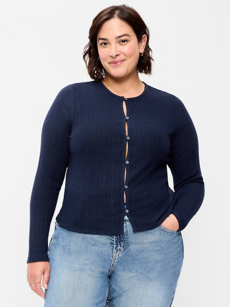 Long-Sleeve Button-Front Pointelle Top