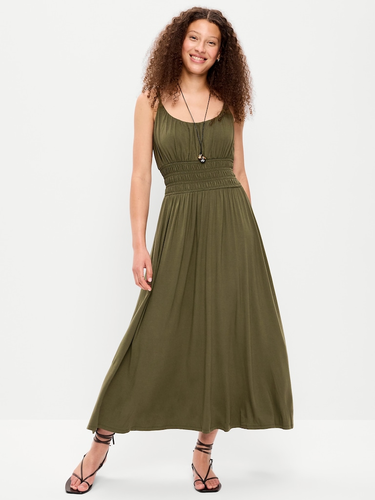 Fit & Flare Jersey Smocked-Waist Midi Dress