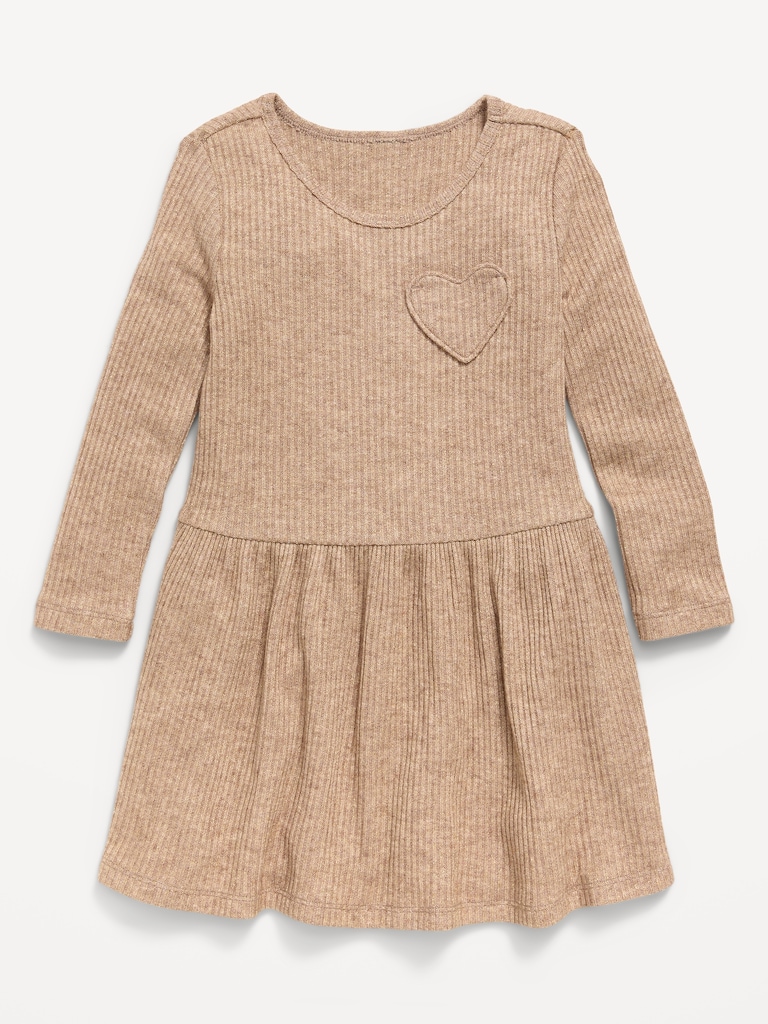 Long-Sleeve Ribbed Heart Pocket Dress for Toddler Girls