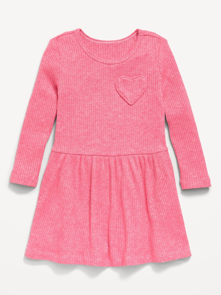 Long-Sleeve Ribbed Heart Pocket Dress for Toddler Girls
