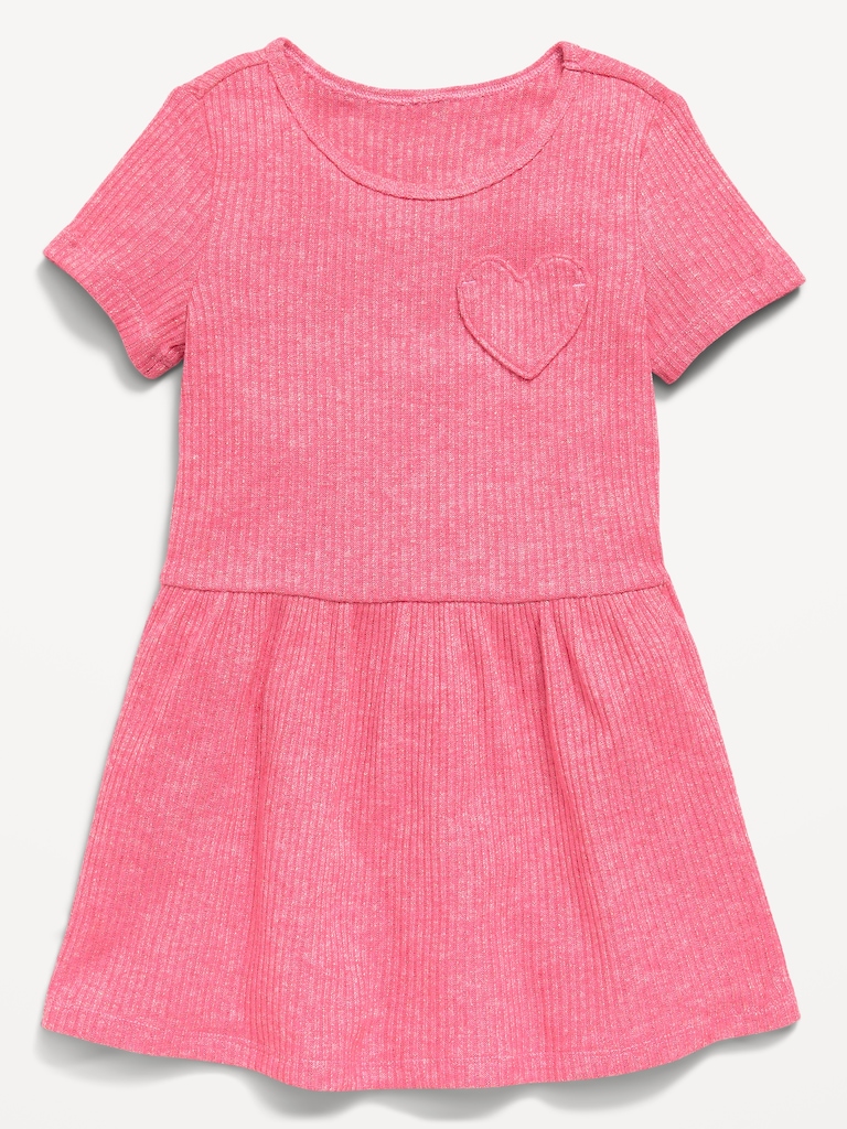 Short-Sleeve Ribbed Heart Pocket Dress for Toddler Girls