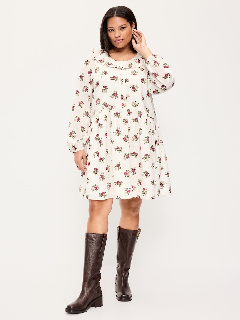 Long-Sleeve Ruffle-Collar Swing Mini Dress