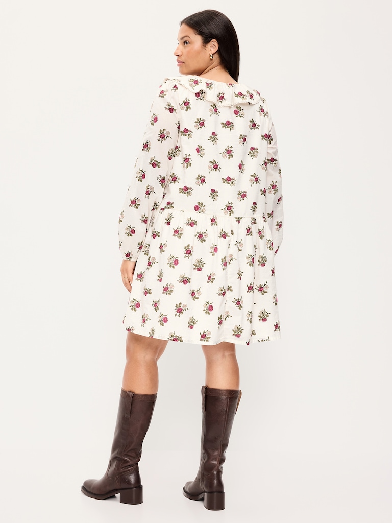 Long-Sleeve Ruffle-Collar Swing Mini Dress