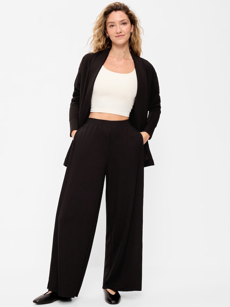 Pantalon fluide à jambe large et taille haute en molleton cocooning