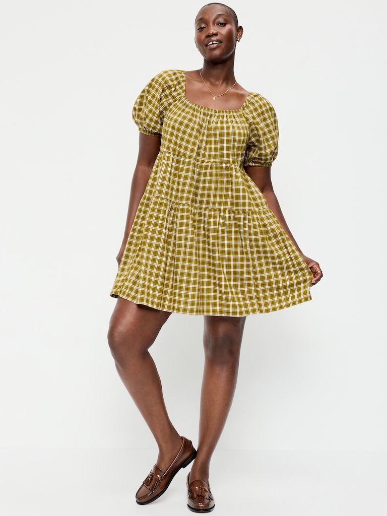 Puff-Sleeve Smocked Mini Swing Dress