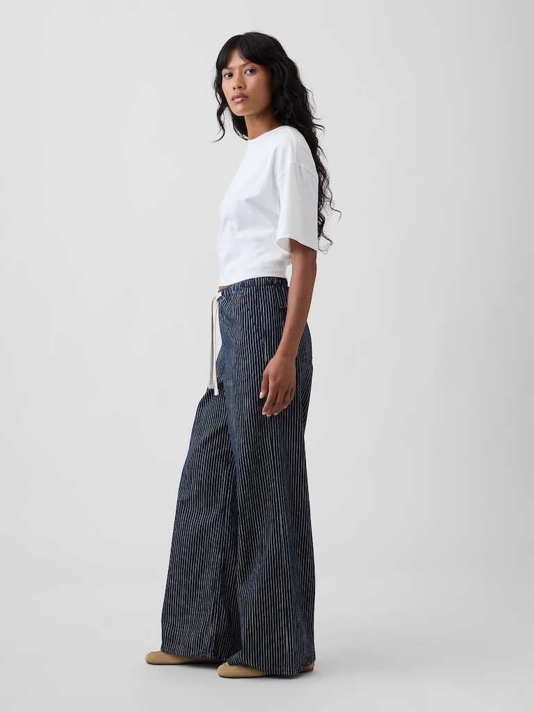 Mid Rise Railroad Stripe Pull-On Wide-Leg Jeans