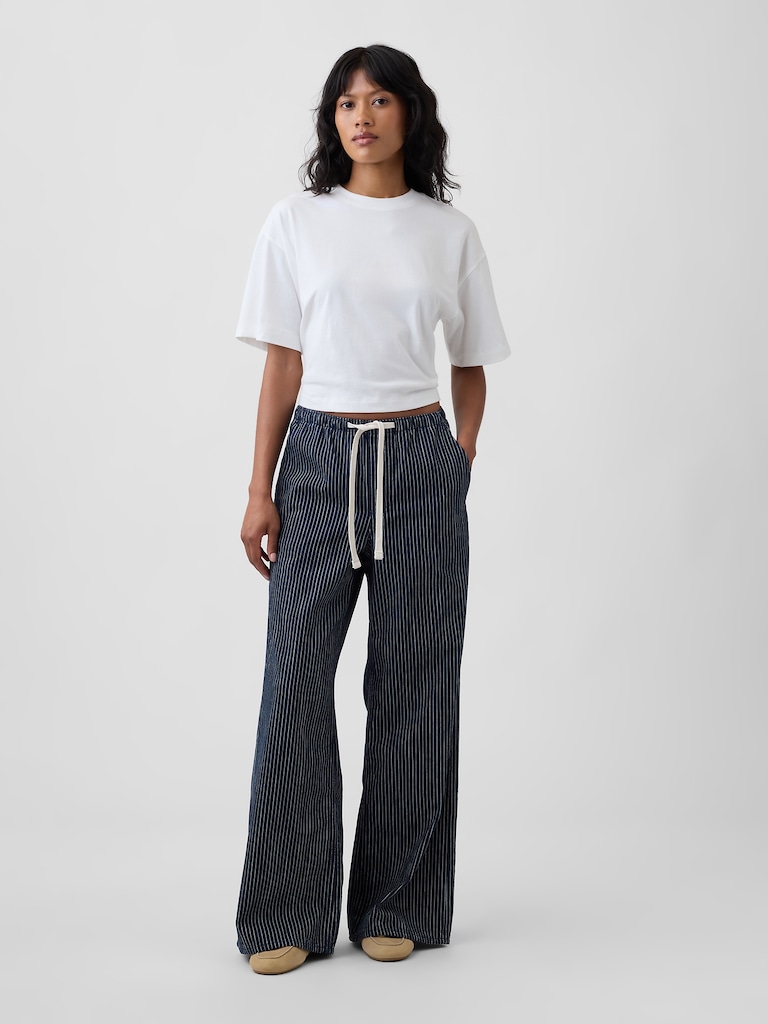 Mid Rise Railroad Stripe Pull-On Wide-Leg Jeans