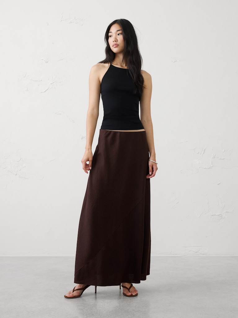 Linen-Blend Bias Pull-On Maxi Skirt