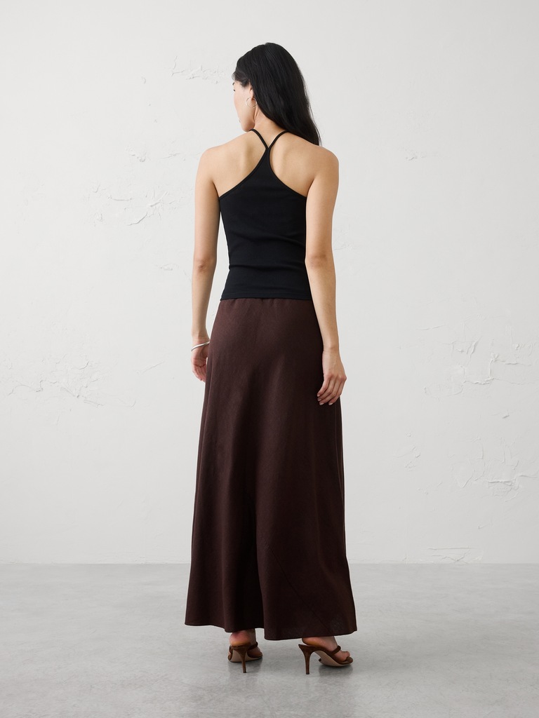Linen-Blend Bias Pull-On Maxi Skirt