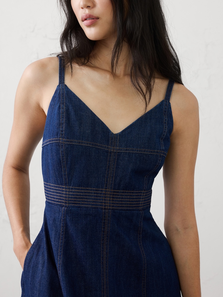 Denim Contrast Stitch Midi Dress