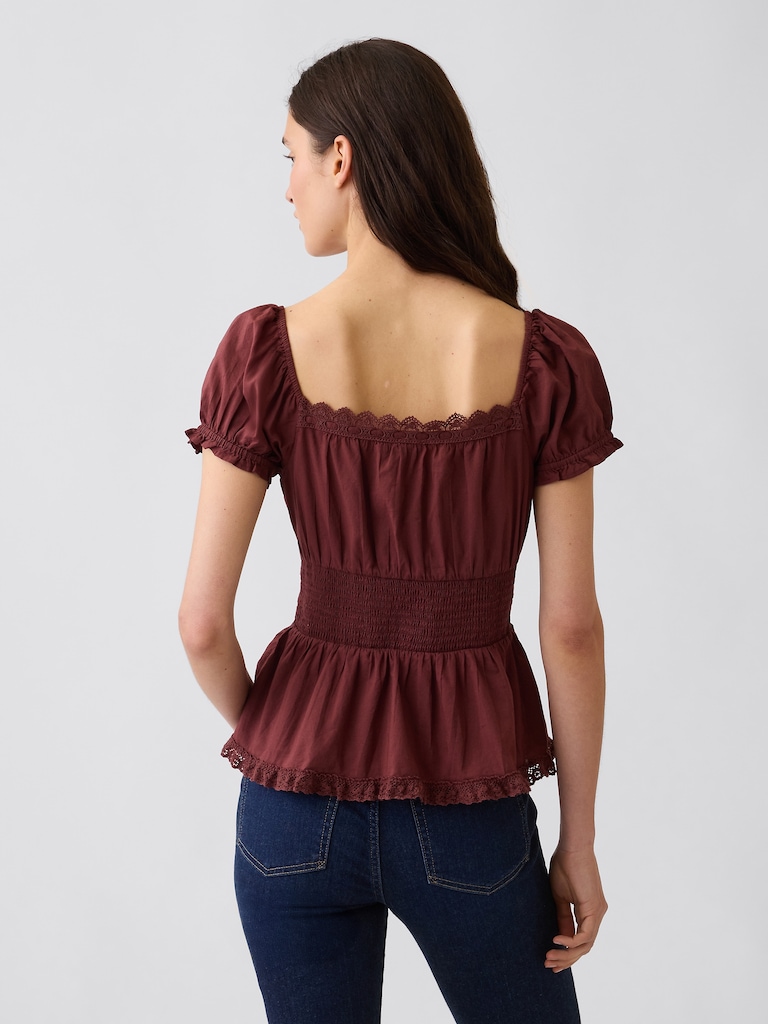 Square-Neck Lace-Trim Peplum Top