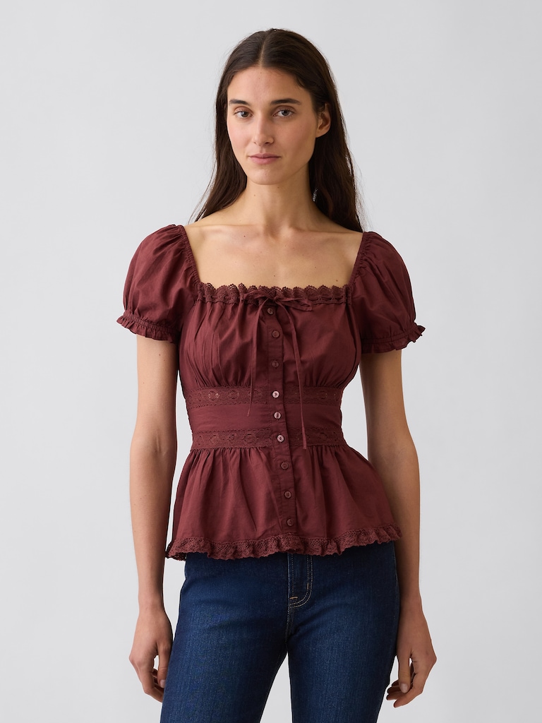 Square-Neck Lace-Trim Peplum Top