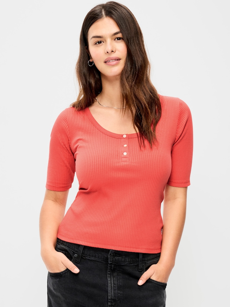 Scoop-Neck Fitted Henley Top