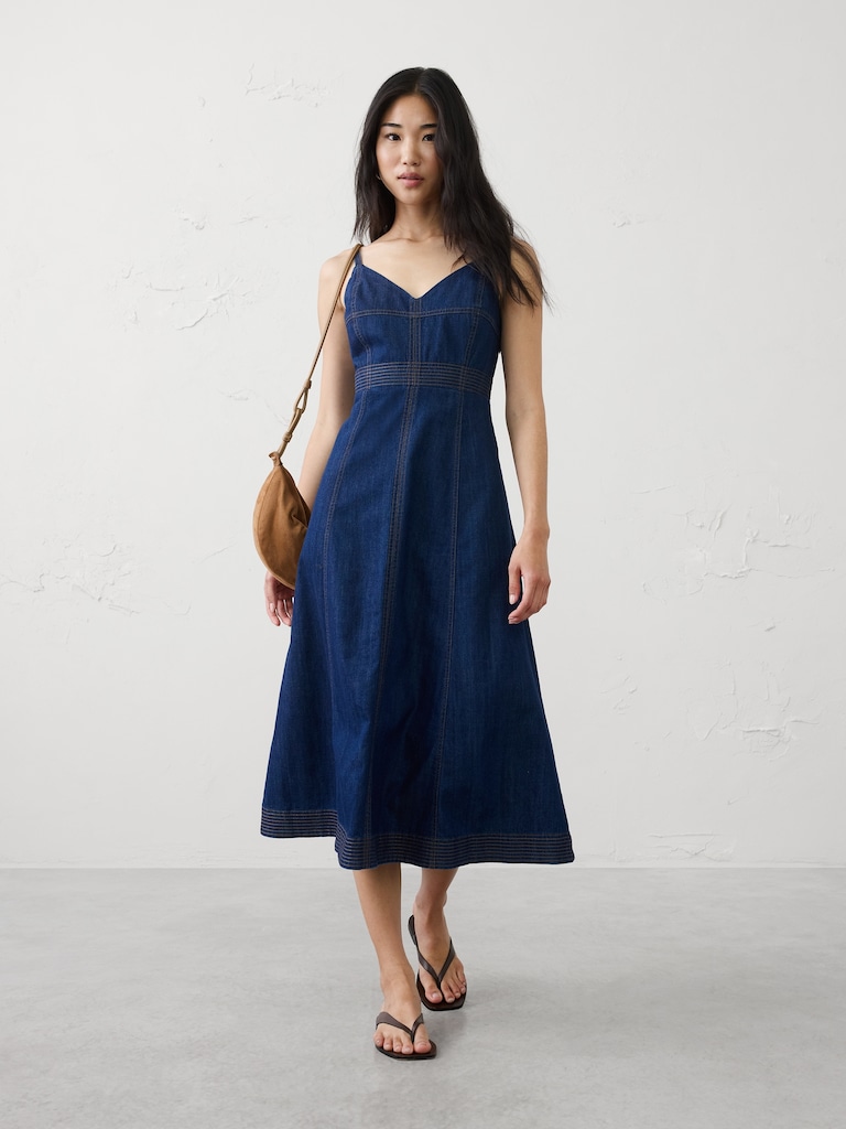 Denim Contrast Stitch Midi Dress