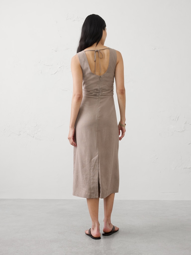 Linen-Blend Cutout Midi Dress