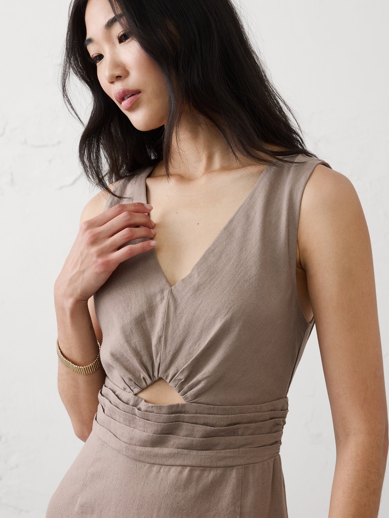 Linen-Blend Cutout Midi Dress