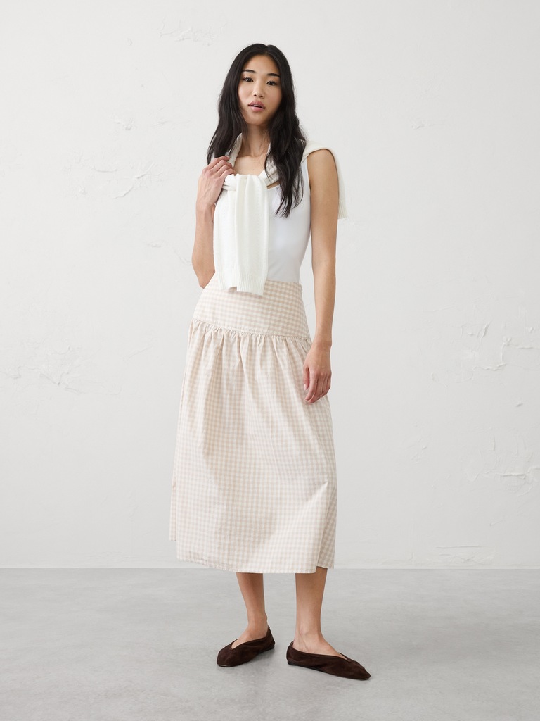 Poplin Drop-Waist Midi Skirt