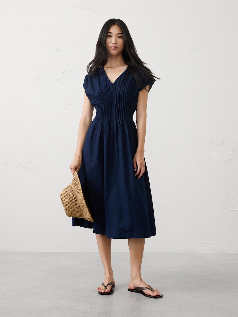 Linen-Blend Pleated-Waist Midi Dress
