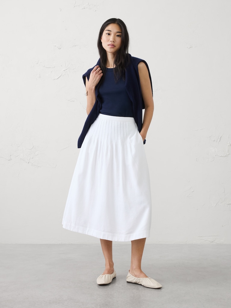 Linen-Blend Pintuck Midi Skirt