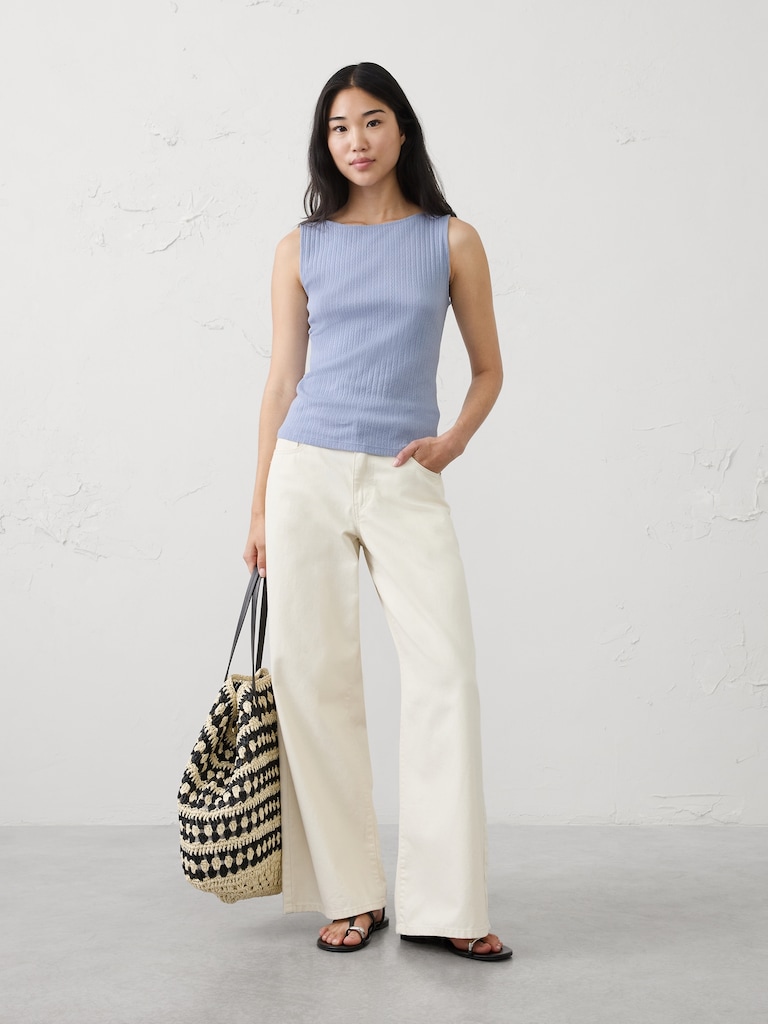 Pointelle Ribbed Boatneck Top