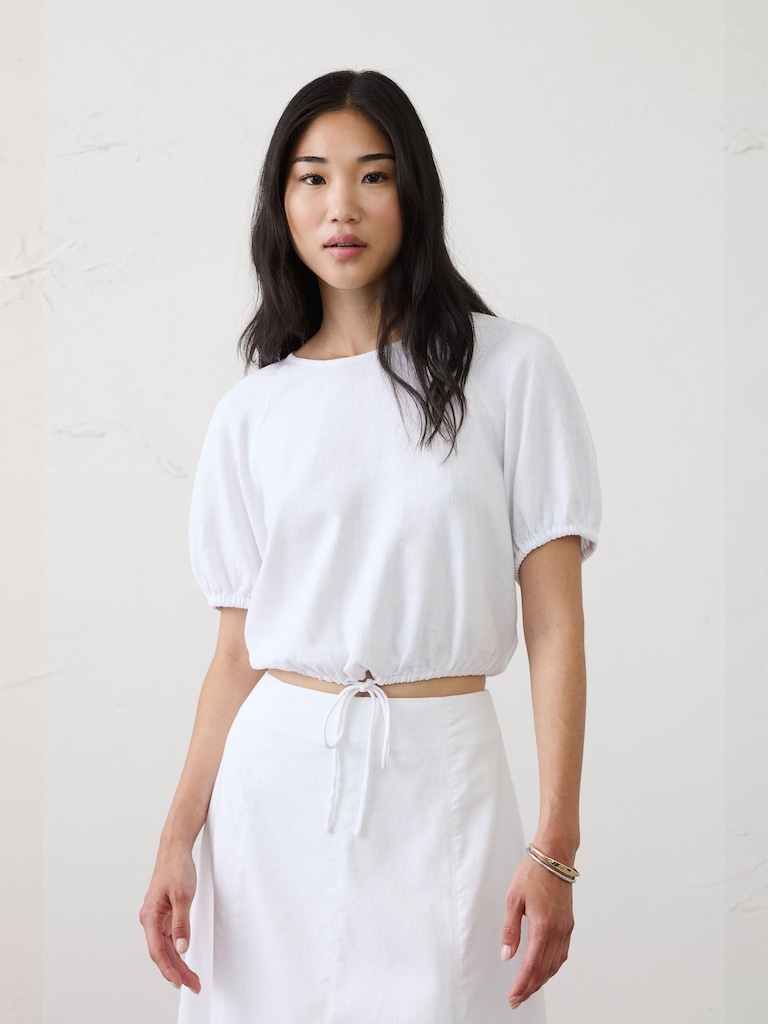 Linen-Blend Bubble-Tie Top