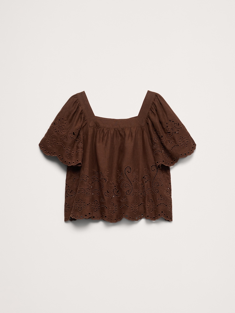 Linen Eyelet Square-Neck Top