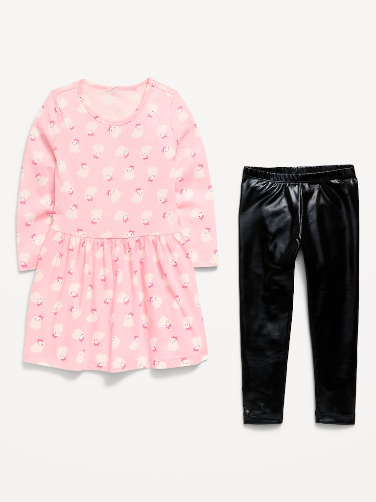 Printed Long-Sleeve Dress and Leggings Set for Toddler Girls
