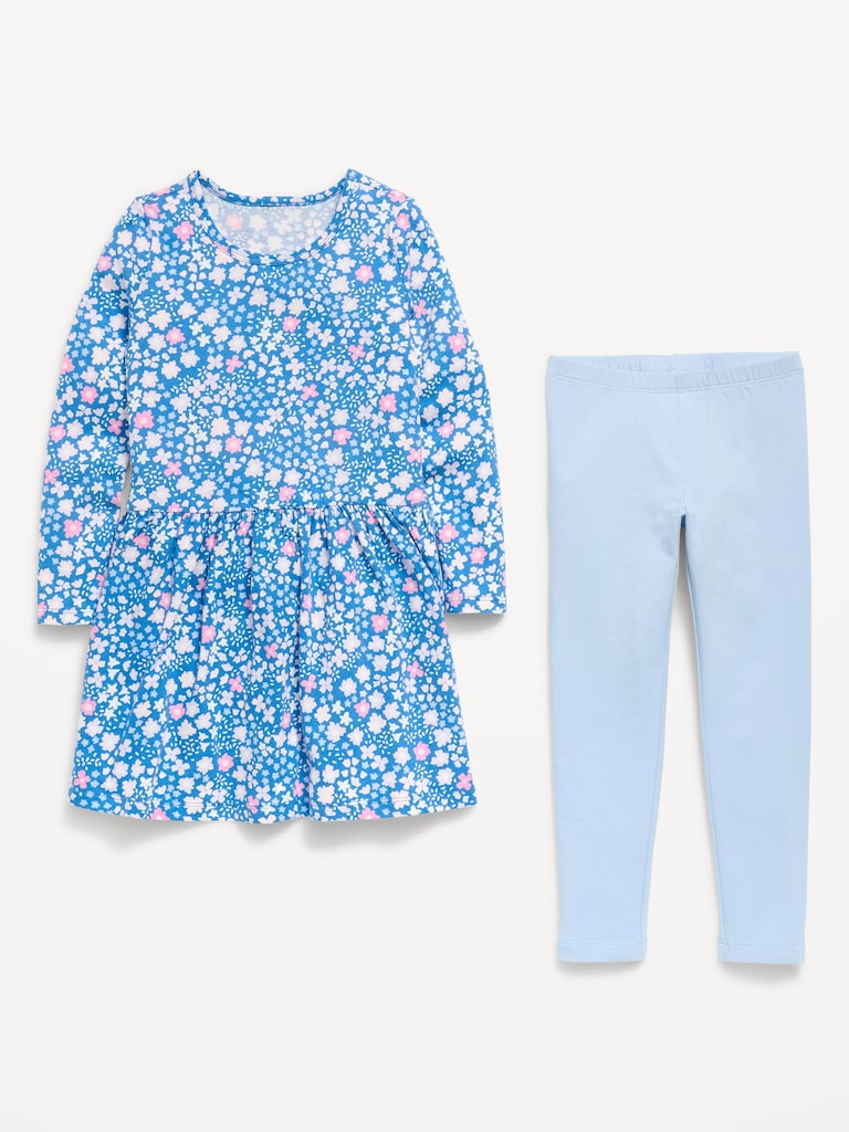 Printed Long-Sleeve Dress and Leggings Set for Toddler Girls