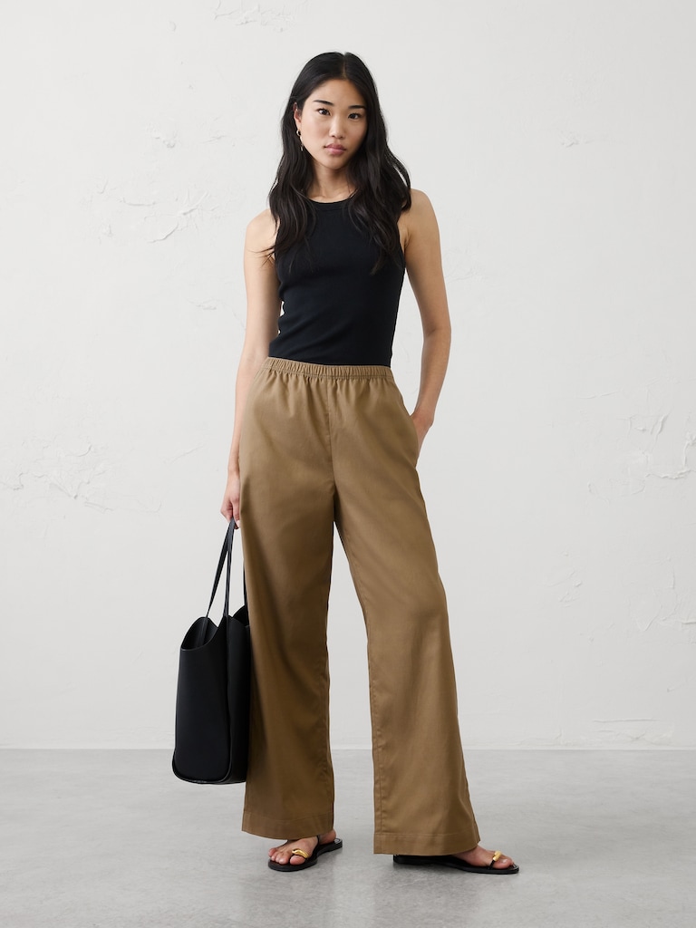 Wide--Leg High-Rise Drapey Twill Pull-On Pant