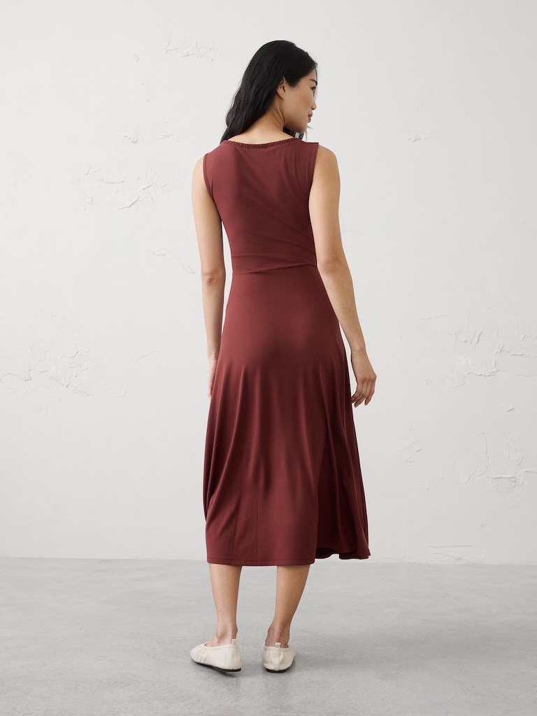 Shirred V-Neck Midi Dress