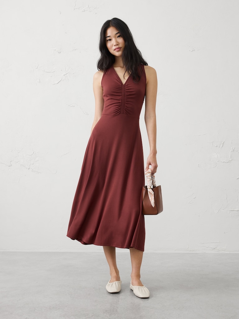 Shirred V-Neck Midi Dress