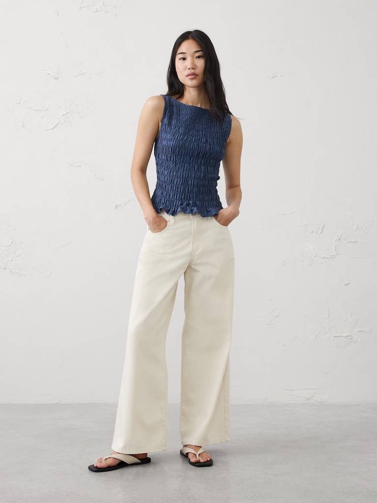 Boatneck Smocked Cropped Top