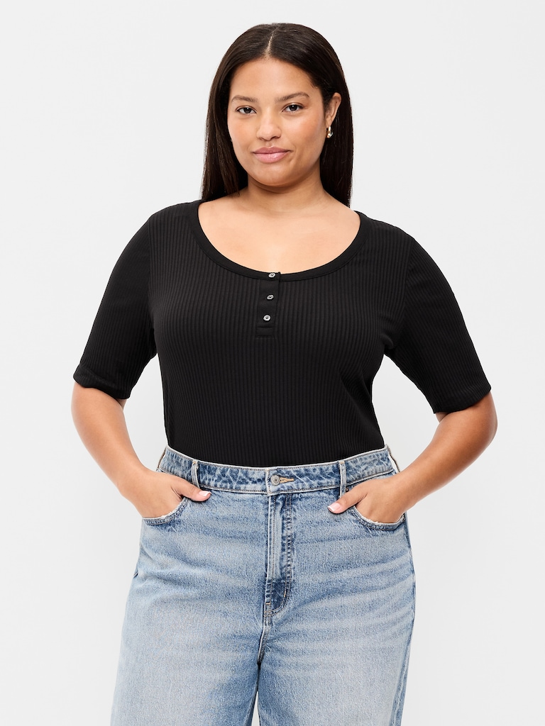 Scoop-Neck Fitted Henley Top