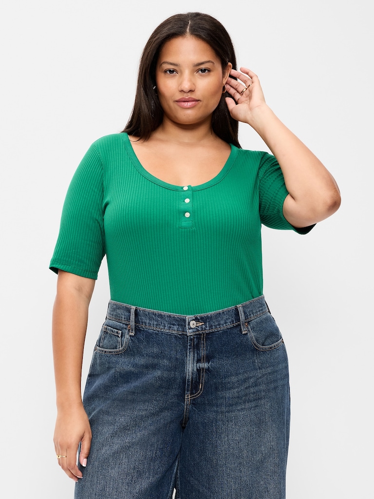 Scoop-Neck Fitted Henley Top