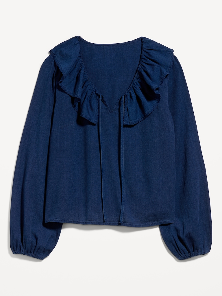 Long-Sleeve Ruffle Tie-Neck Top