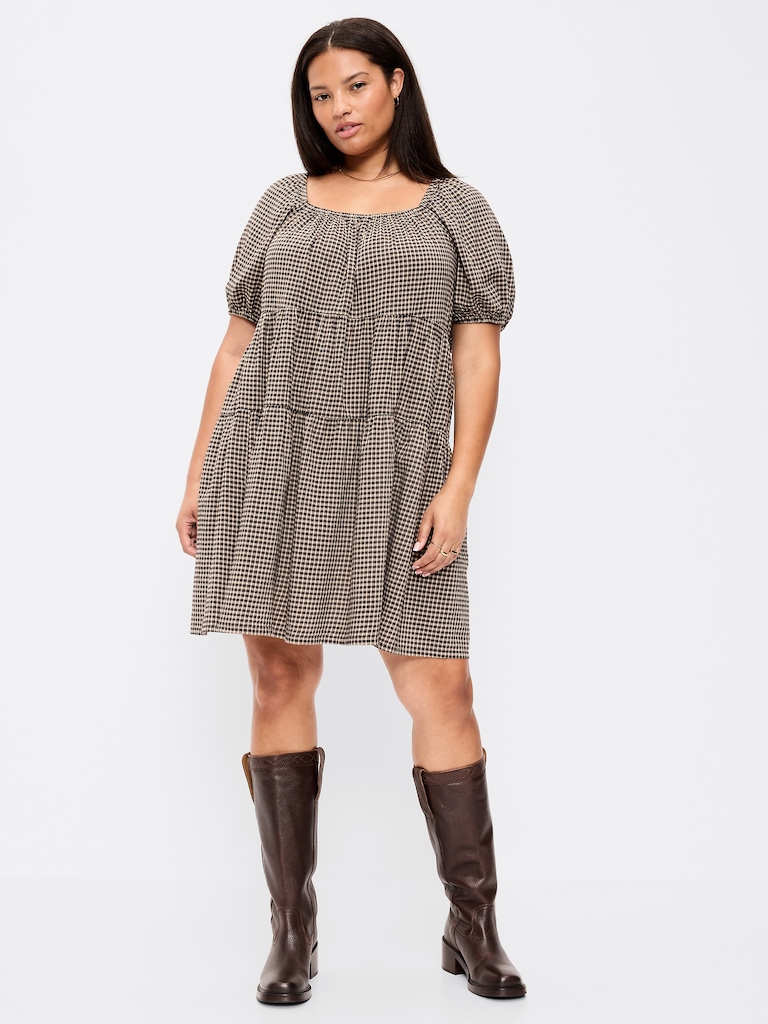Puff-Sleeve Smocked Mini Swing Dress