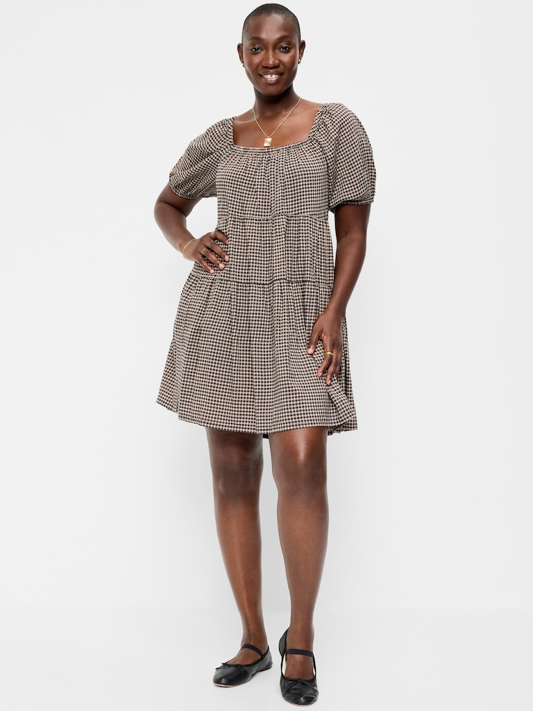 Puff-Sleeve Smocked Mini Swing Dress