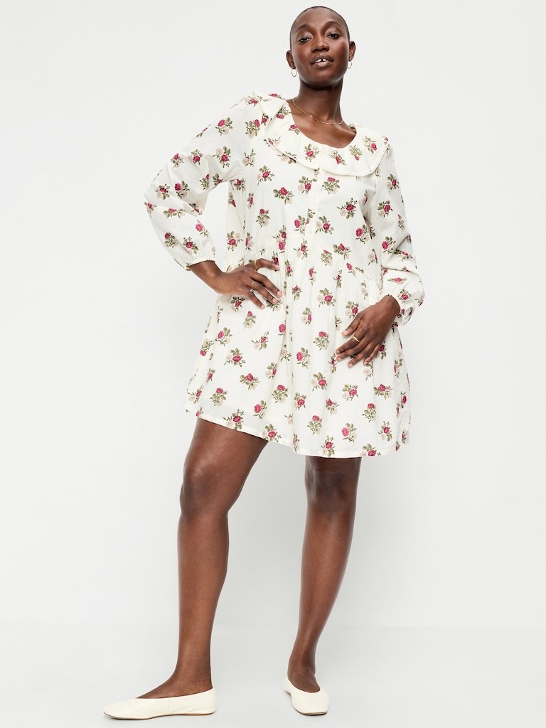 Long-Sleeve Ruffle-Collar Swing Mini Dress