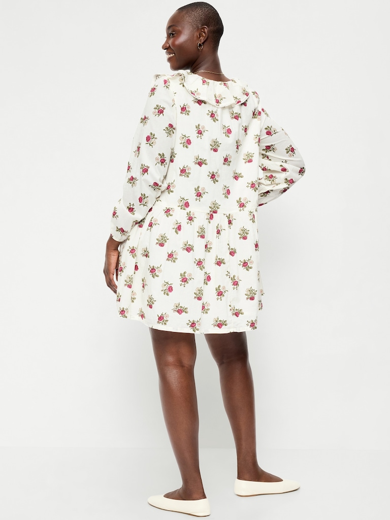 Long-Sleeve Ruffle-Collar Swing Mini Dress