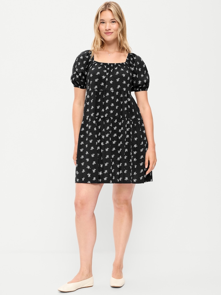 Puff-Sleeve Smocked Mini Swing Dress