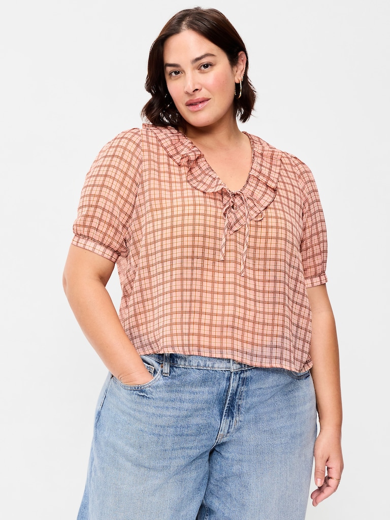 Ruffle Collar Tie-Front Chiffon Top