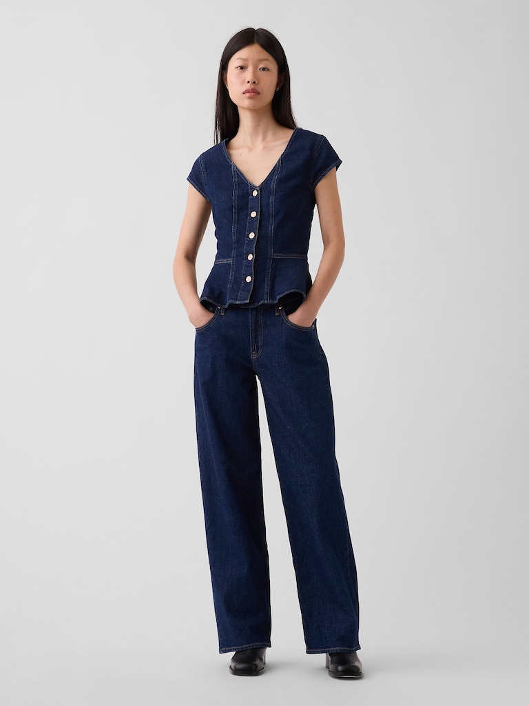 Denim Fitted Cap-Sleeve Peplum Top