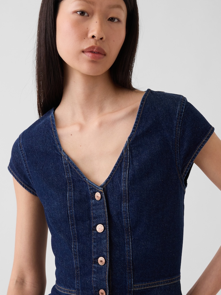 Denim Fitted Cap-Sleeve Peplum Top