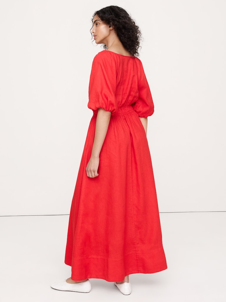 Linen Puff-Sleeve Maxi Dress