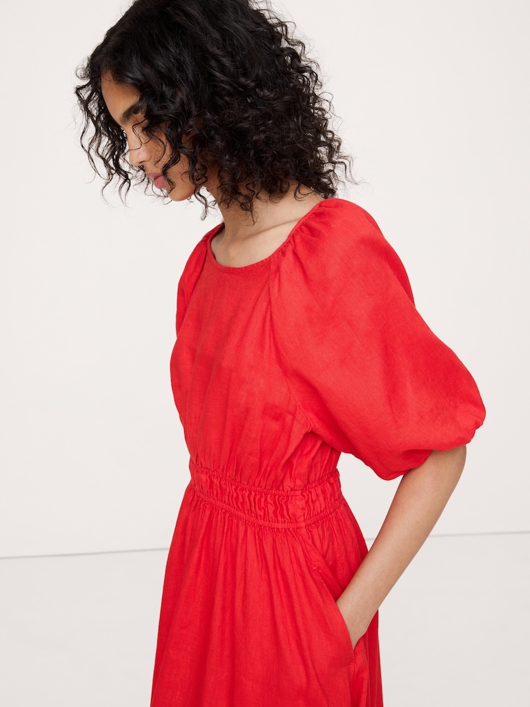 Linen Puff-Sleeve Maxi Dress